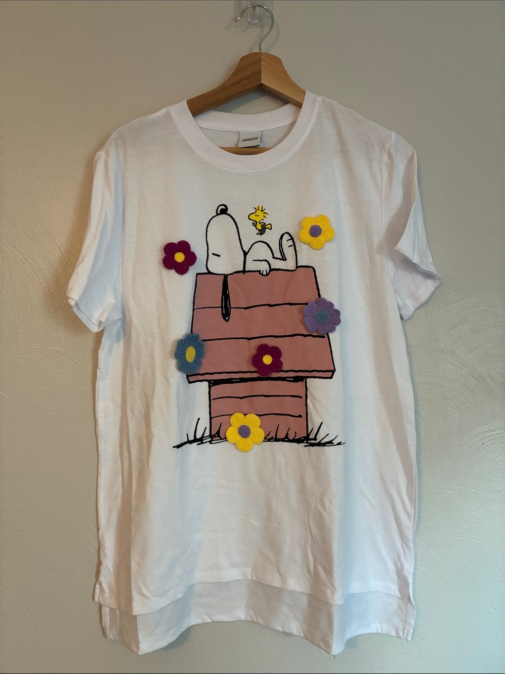 Peanuts Shirt with Snoopy on Pink Doghouse and Colorful Crocheted Flowers